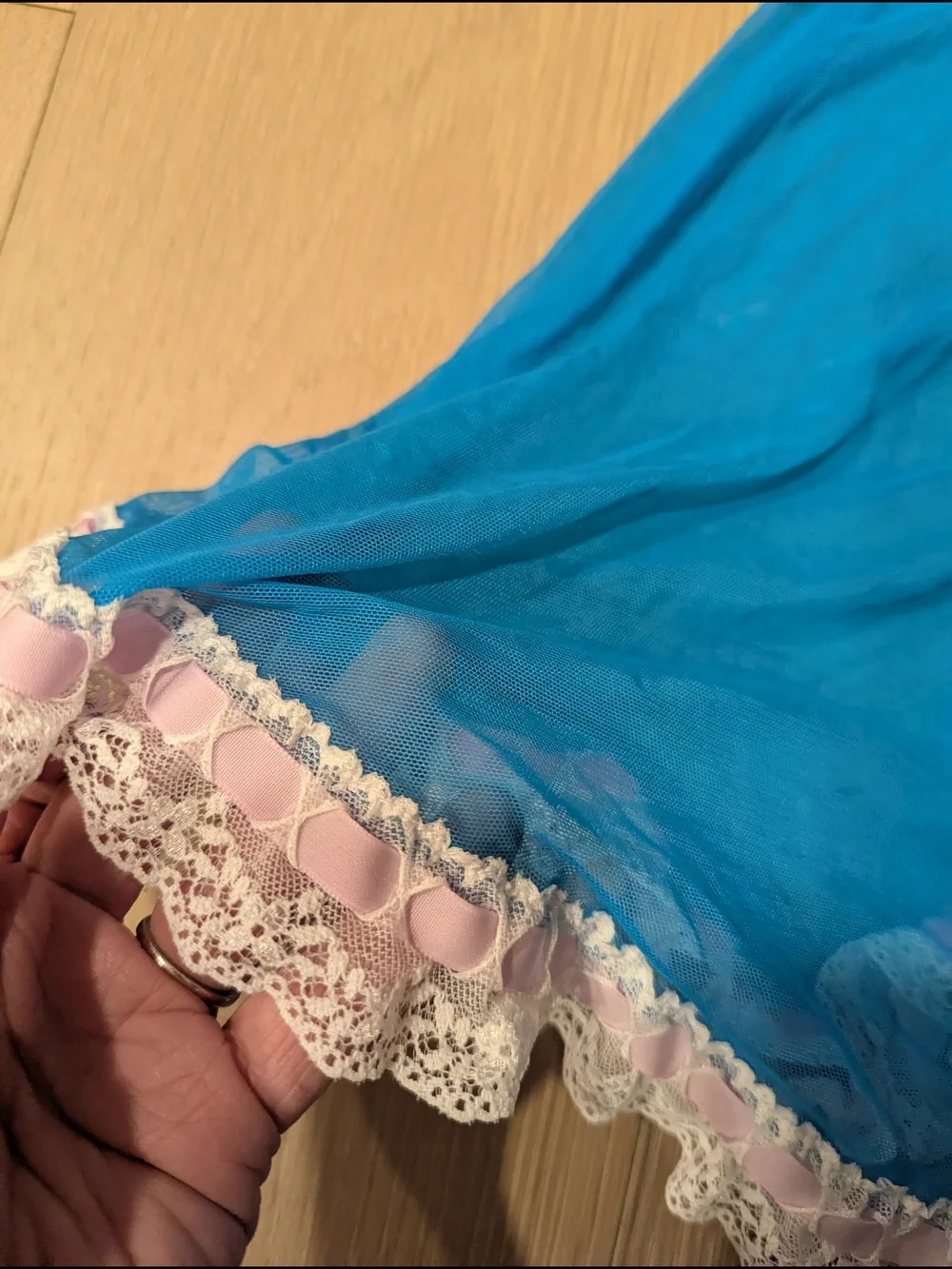 Jezebel Bright Blue Sheer Babydoll with Pink Ribbon Accent
